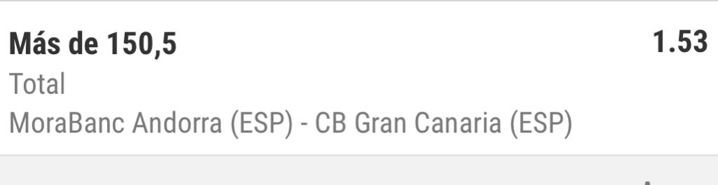 Pick Free 🏀🔝
Eurocup / Morabanc Andorra - Gran Canaria / + 150.5 puntos en el partido / cuota 1.53 / stake 1.5 
Síguenos en telegram para no perderte nada ⬇️⬇️

t.me/tipsgalicia