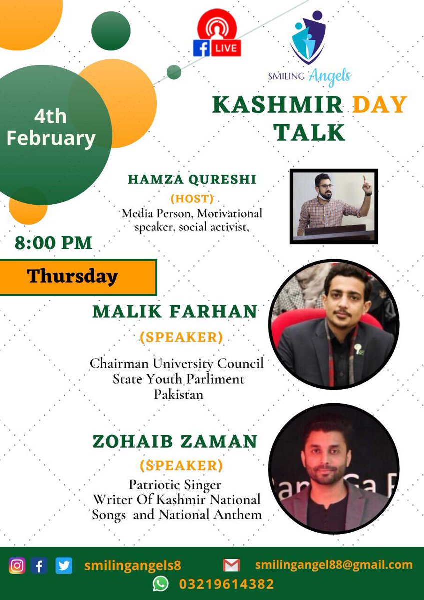 SmilingAngels8's tweet photo. Kashmir Day is a public holiday in Pakistan on February 5 each year. 
Be Ready And Enjoy A great Session with Malik Farhan Bashir Chairman University Concil State Youth Parliment Pakistan And Zohaib Zaman Writer Of national anthem of kashmir
Thursday, Feb 4th, 2021 
Time:8:00 PM https://t.co/zWbnwYrZwg