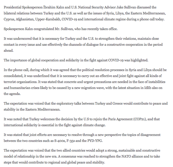 Here's Turkey's account of the conversation between Jake Sullivan and Ibrahim Kalin. No mention of "disagreements" or democratic institutions  https://www.tccb.gov.tr/en/spokesperson/1696/124785/press-statement-on-the-phone-call-between-presidential-spokesperson-ibrahim-kalin-and-u-s-national-security-advisor-jake-sullivan