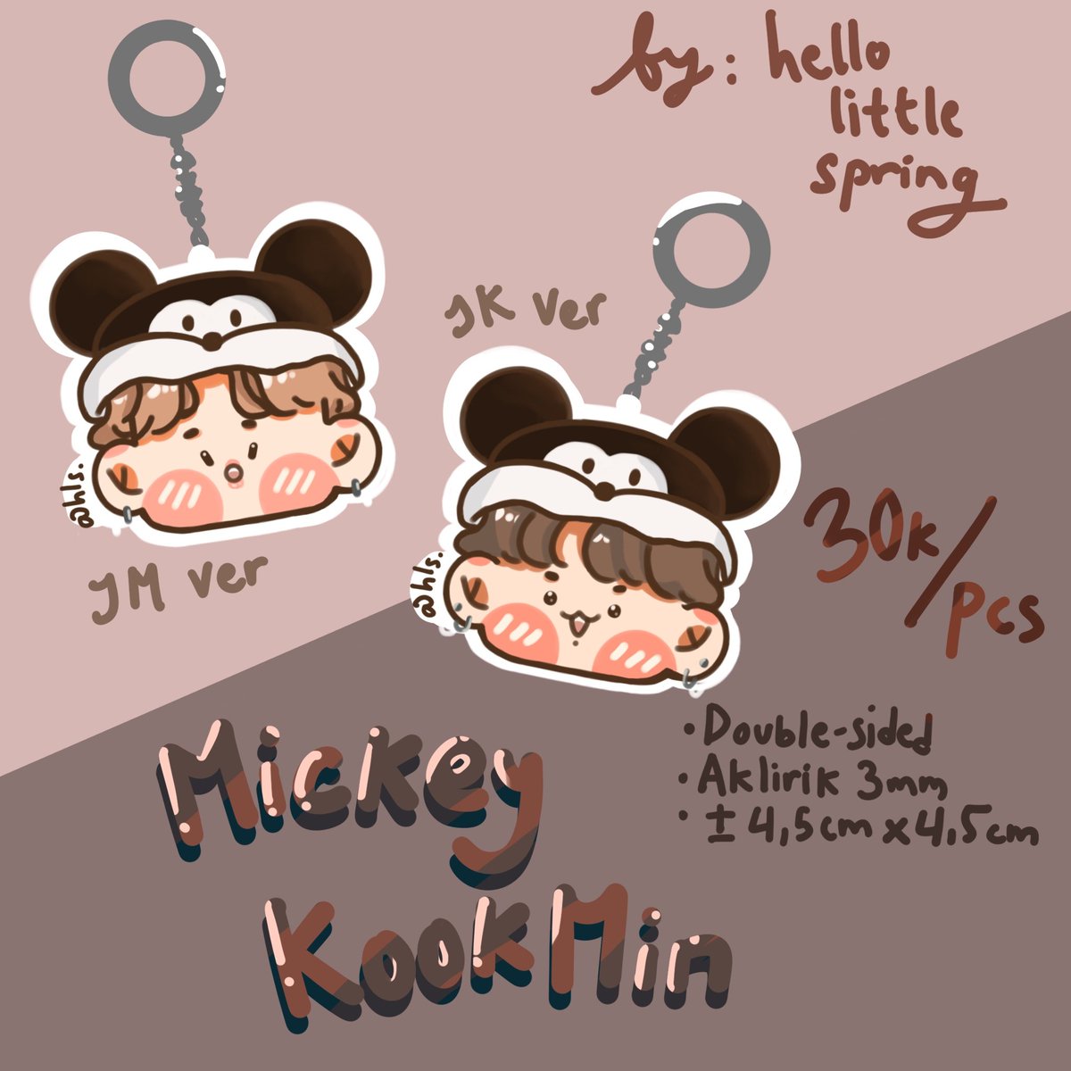 maySpringHappen's tweet photo. Pre-order 3-4 hari

[ Mickey Kookmin ]
IDR 30k/pcs
___
Pilihan Keychain
- JM ver
- JK ver
___
Bahan: 
Aklirik bening tebal 3mm print 2 sisi

Ukuran : +- 4,5 cm x 4,5 cm
___

ps. if you like tgcf please let us know! we have something for you 🥰 https://t.co/dOaeLLkP5d