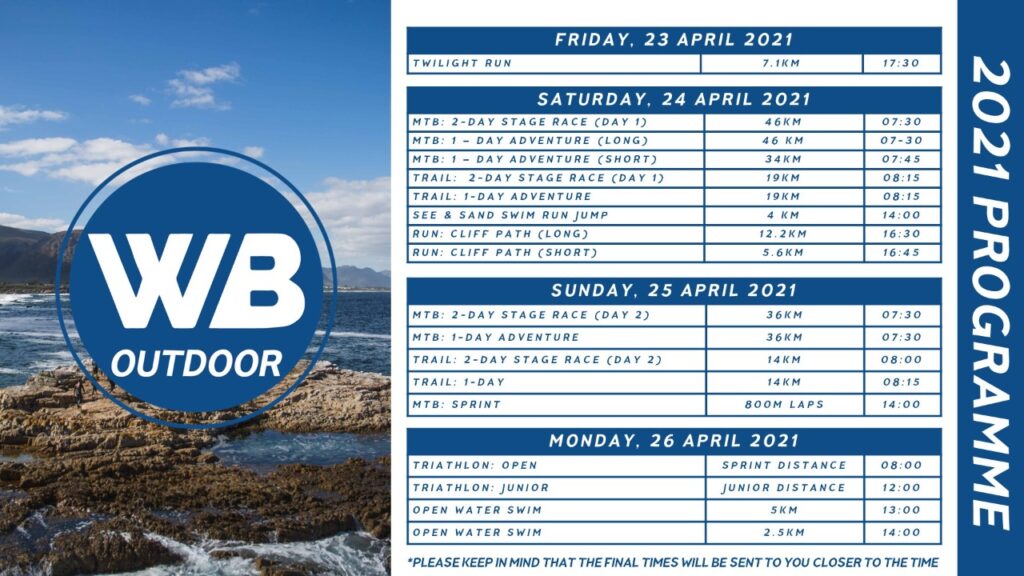The #WalkerbayOutdoor allows everyone, no matter their sporting abilities to train and compete in this extraordinary event! ☀️

Here's the 2021 #WBO Programme 👉 

Come and savour the experience with us 🐋 ⛰

walkerbayoutdoor.com

#WBO #WalkerBay #Hermanus #walkerbayoutdoor