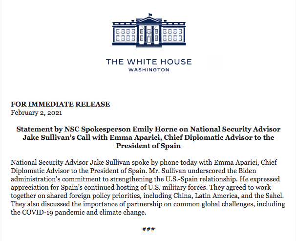 Biden's National Security Adviser also held a all with his counterpart in Spain, a NATO ally