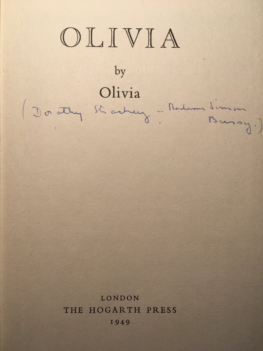 On the cataloguing table today: Olivia by Olivia (1st ed., #HogarthPress, 1949), Dorothy Strachey Bussy's sapphic schoolroom novel. Immediately read as a roman-à-clef, it was a scandalous best-seller for the Woolfs. Aptly, in #DuncanGrant's #dustjacket #LGBTHM21 #BloomsburyGroup