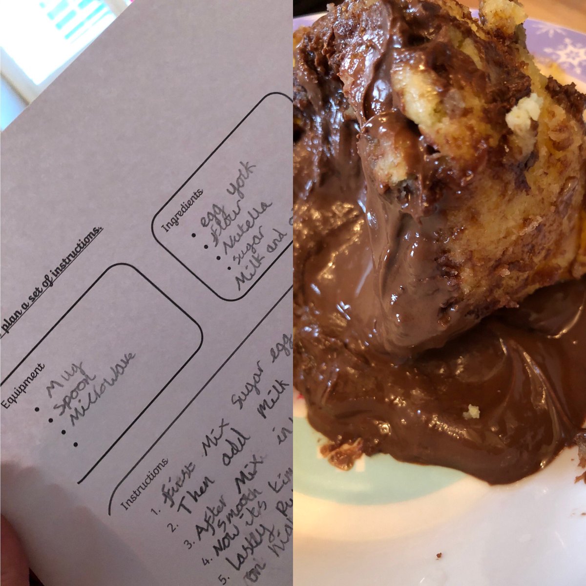 LouChappers's tweet photo. @walmleyjssc @2020MissWestrup Today’s English planning sheet for making a cake... Taylor couldn’t resist making and eating her Nutella Mug Cake 😊 https://t.co/1Yyl7jILAc