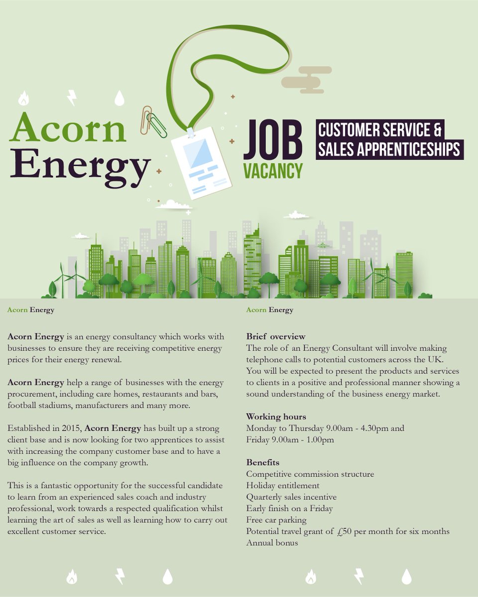 New exciting opportunity at Acorn Energy.
Customer Service and Sales Apprenticeship.

acorn-energy.com
glptraining.co.uk

Contact us to find out more about this exciting role.