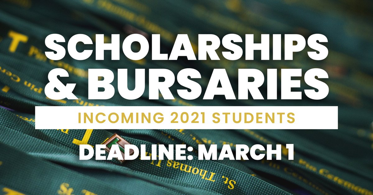 StThomasU's tweet photo. Scholarships and Bursaries for Incoming 2021 STUdents—The deadline to apply for incoming scholarships and bursaries to STU is Monday, March 1. One complete application allows you to be considered for the majority of awards available. Apply at https://t.co/C0OeSr3rkD https://t.co/yqHuj78R0o