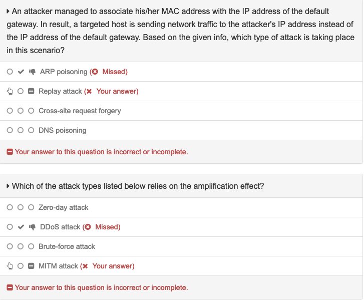 Reflection: Finished lessons 8-16 and went over the following exam objectives:  • 3.1  • 5.1  • 5.3  • 5.8Scored a 78.13% on today’s practice test. Definitely need a refresh of certain attacks:  https://www.examcompass.com/comptia-security-plus-practice-test-2-exam-sy0-501