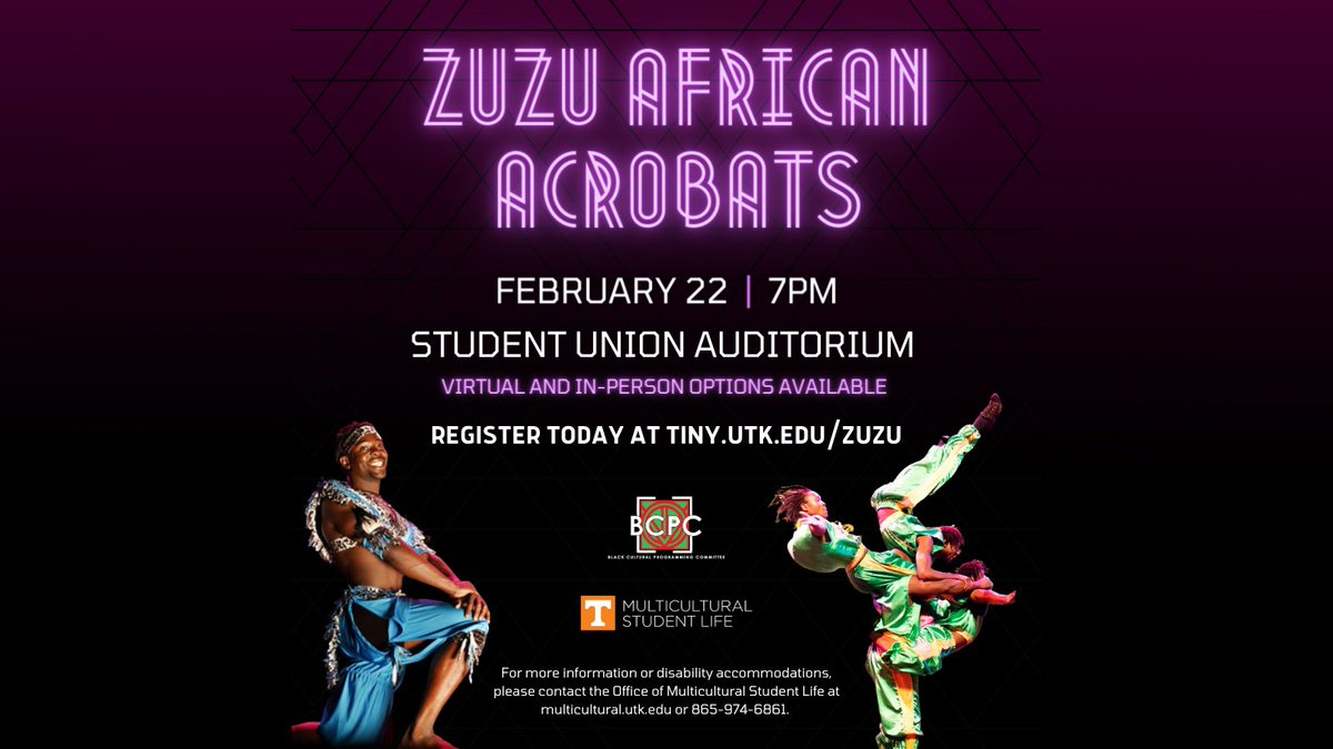 UTBCPC's tweet image. Mark your calendars and save the day for February 22 because The Zuzu African Acrobats will be performing LIVE on campus! You may attend virtually or in-person. Either way, this is a performance you do not want to miss! 

To register: tiny.utk.edu/zuzu
