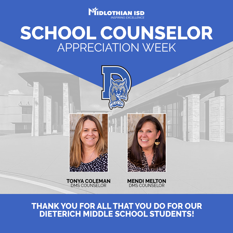 MidlothianISD's tweet photo. Tonya Colman and Mendi Melton are the dynamic duo counselors at Dieterich Middle School. They work tirelessly to create an environment where students and staff feel at home and are able to be their absolute best each and every day! #MISDProud #NSCW21 https://t.co/bLzDhguTrU