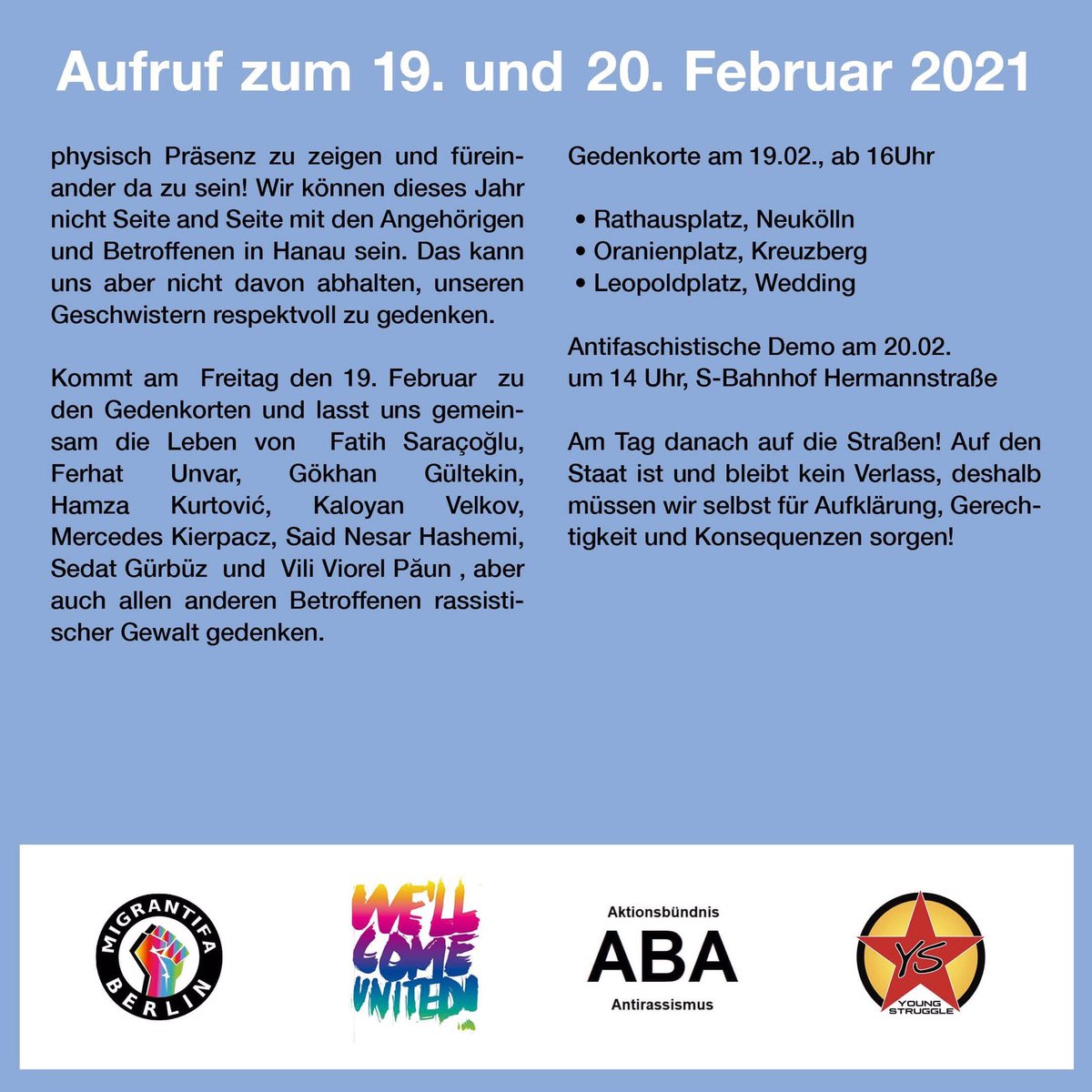 BEMigrantifa's tweet photo. Ein Jahr nach Hanau - gemeinsam gedenken, gemeinsam kämpfen!

#KeinVergeben #KeinVergessen
#b1902 #b2002 https://t.co/mSM0Oh3KtN