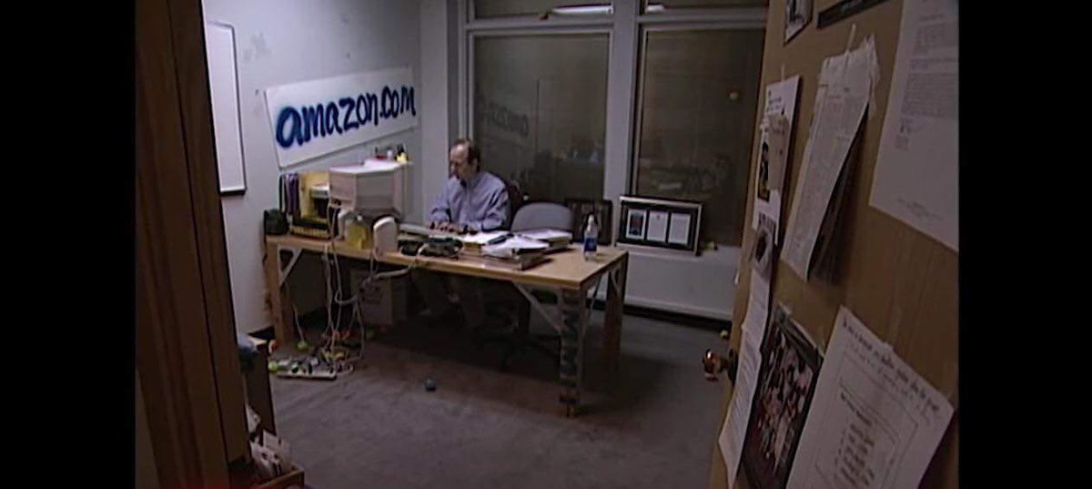 1/ You’ve all heard it by now,  #JeffBezos will be stepping down as  #Amazon CEO soon. He isn’t going anywhere too far though, he’ll become Executive Chairman instead. You also probably know this viral image of him from 1999, but check out some stuff you might not have, below.