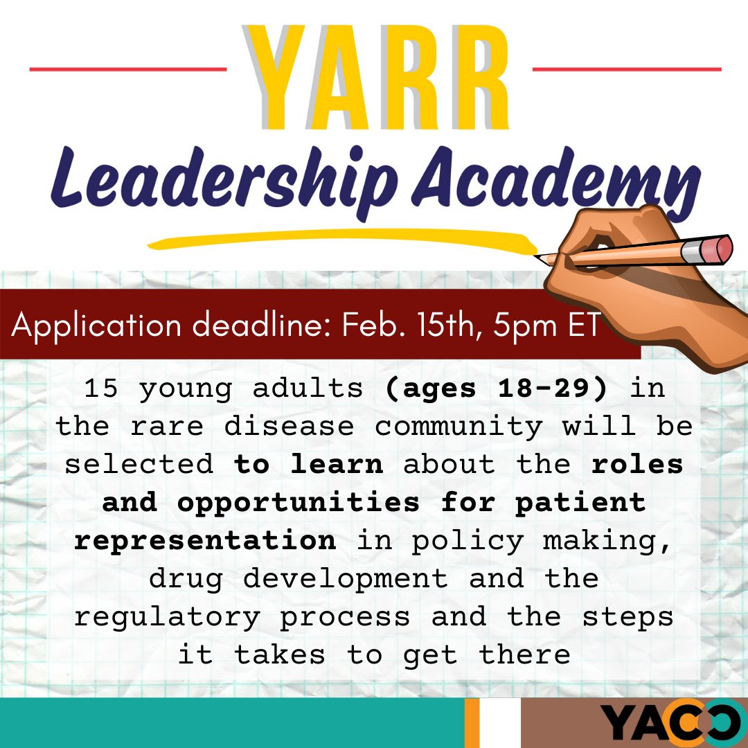 The YARR Leadership Academy is a series of on-line Courses offered to a select group of young adults in the rare disease community (ages 18-29) Applications are live! Submit yours by February 15th, 5 pm EST. Link for complete details: ow.ly/JYbN50Do0Cd