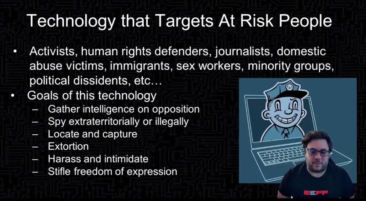 Focus on tech which targets at-risk people (e.g. activists, rights defenders, sex workers)