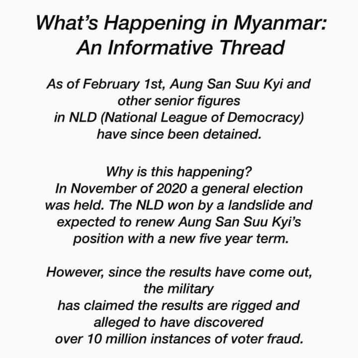 I'm a university student from Myanmar. As a citizen from Myanmar,I request people from all around the world to help us(Myanmar).We reject the military.The only leader for us is 
"Aung San Suu Kyi".
#CivilDisobdienceMovement 
#JusticeForMyanmar
