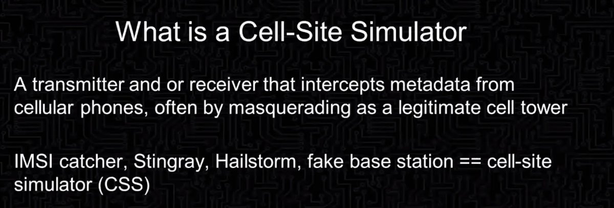 What is a cell site simulator?*transmitter or receiver which intercepts metadata from cell phones, often by pretending to be a legit cell tower