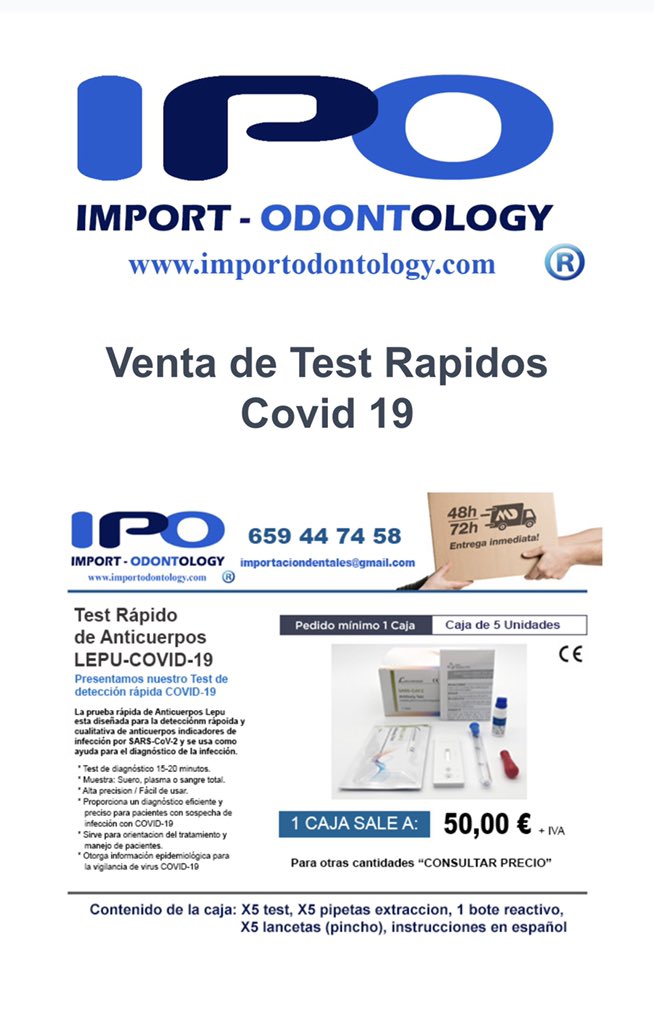 ipo_odontology's tweet photo. Venta test covid 19 caja de 5 test 50€ https://t.co/3JIjKUdFjr