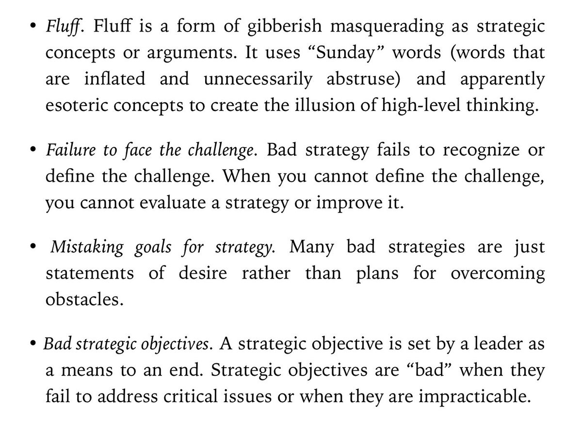 AzarsTweets's tweet photo. How to identify bad strategy 👇🏼. When politicians speak, keep these in mind. 

From Good Strategy/Bad Strategy by Richard Rumelt. https://t.co/GR5CbKX7eL
