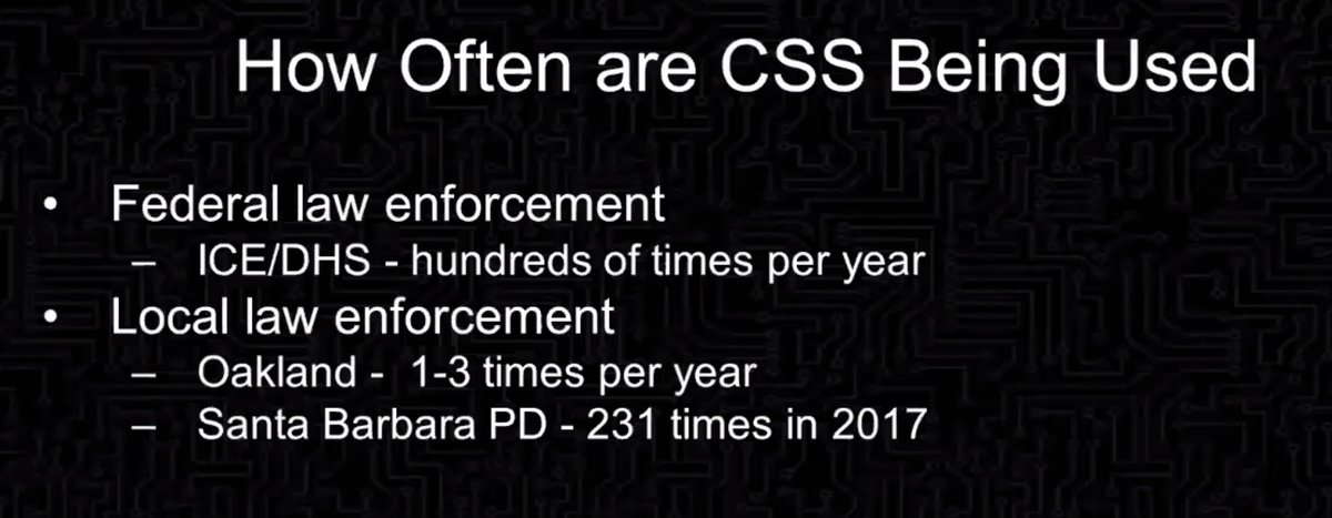 How often are these fake cell sites being used? To the FOIA!* federal law enforcement: ICE/DHS 100s of times/year* local law enforcement:- Oakland 1-3 times/year- Santa Barbara PD 231 times in 2017Why the difference? Oakland has strong privacy laws