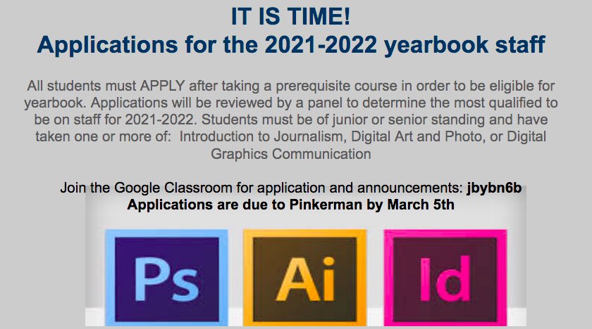 bwick_yearbook's tweet photo. Apply to be on next years 2021-2022 staff! https://t.co/gOSlIRxGLi