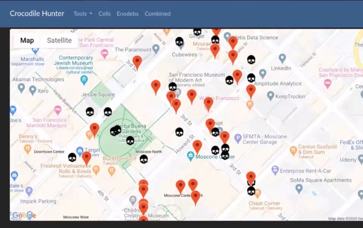 Each of these red dots are cell sites... the skulls look suspicious (they're not all IMSI catchers)