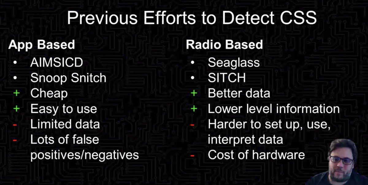 Previous efforts to detect:* app based -- cheap and easy to use, but limited amount of data (only for towers the phone is connected to, what is visible through API)* radio based -- expensive, harder to use, have to have programming/DB knowledge