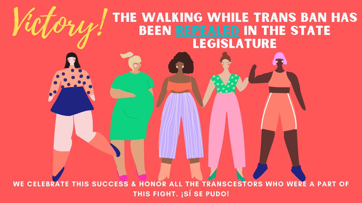We're still celebrating the repeal of the #WalkingWhileTrans Ban! 

For over four decades PL 240.37 has allowed police in New York State to profile, harass and arrest Black and brown transgender women.

This is a big step towards justice! Onward to liberation. #JusticeRoadmap