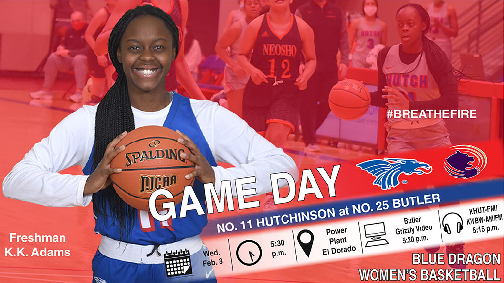 BLUE DRAGON WOMEN'S BASKETBALL GAME DAY
Opponent: Butler Grizzlies
Where: Power Plant, El Dorado
Time: 5;30 p.m.
Radio: KHUT-FM (102.9); KWBW-AM/FM (1450/98.5)
Link: 13https://streamdb5web.securenetsystems.net/v5/KHUT
Video: Butler Video
Link: kjcccsports.net/hutchcc/?B=221…