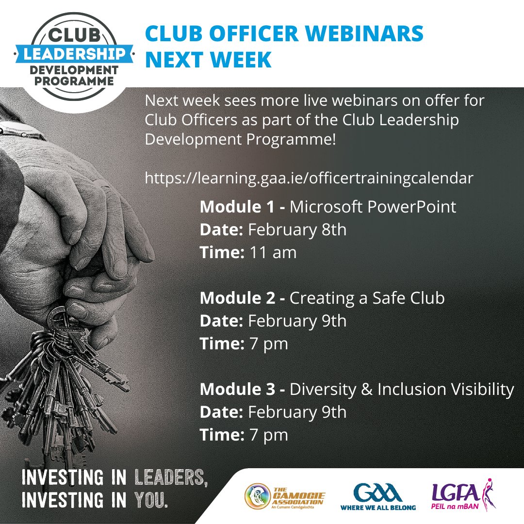 ✍️ Sign up for more live educational webinars from the Club Leadership Development Programme next week!
🙋 Sessions available on PowerPoint, Creating a Safe Club and Diversity &amp; Inclusion!
⏰ Workshops on Monday &amp; Tuesday
⬇️
learning.gaa.ie/officertrainin…