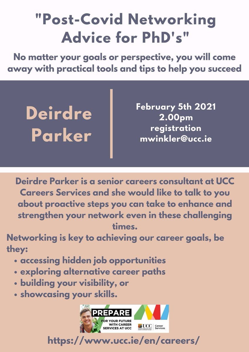 MarninaW's tweet photo. Getting excited for the PhD Chat session this Friday, Feb 5. We have a guest speaker, Deirdre Parker, from the UCC Career Services discussing "Post-Covid Networking Advice for PhD's". Thanks to my Co-Chair, @jimstormcrow, for creating this poster! #UCC #UCCPhDChat #phdlife #PhD https://t.co/eHyDVPcko6