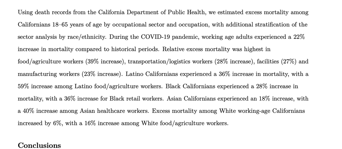 My God—look at racial breakdown of increased mortality from COVID in Cali (% = increased mortality)Latin +36%Latin food workers +59%Black +28%Black Retail workers +36%Asian 18%Asian healthcare workers +40%White +6%White food workers +16%Source  https://www.medrxiv.org/content/10.1101/2021.01.21.21250266v1.full.pdf