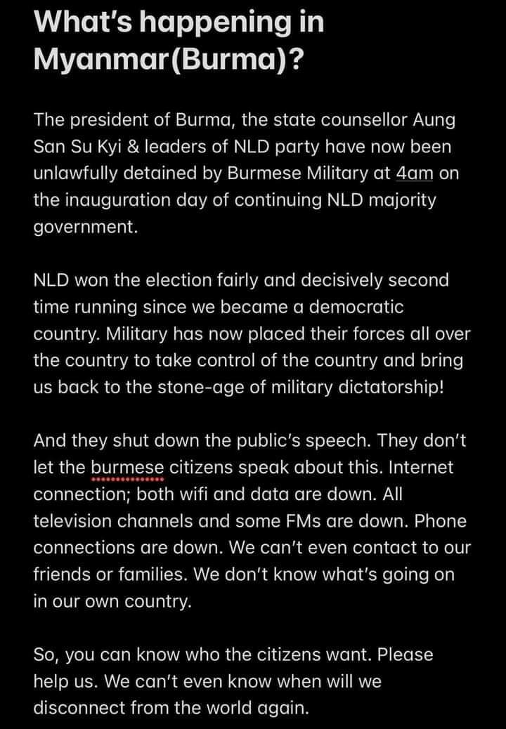 Please help us🙏
We don't want military leadership.
#SaveMyanmar
#We_need_democracy
#Aung_San_Suu_Kyi_government
