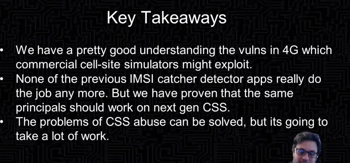 Key takeaways* we have a pretty good understanding of the vulns used* none of the previous IMSI catcher detector apps really do their job any more, but the same principles should work on the next gen* the problems of CSS abuse can be solved but it's going to be a lot of work