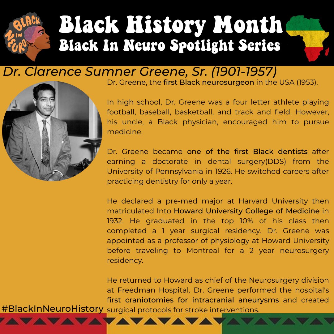 Black In Neuro 🧠 (@blackinneuro) on Twitter photo #BlackInNeuroHistory: Dr. Clarence Sumner Greene, Sr.
Some know Dr. Greene as the first Black neurosurgeon, DYK he was actually one of the first Black dentists too!
He graduated from <a href="/HowardU/">Howard University</a>, completed two residencies, then returned to be appointed Chief of Neurosurgery. #BlackInNeuroHistory: Dr. Clarence Sumner Greene, Sr.
Some know Dr. Greene as the first Black neurosurgeon, DYK he was actually one of the first Black dentists too!
He graduated from <a href="/HowardU/">Howard University</a>, completed two residencies, then returned to be appointed Chief of Neurosurgery.