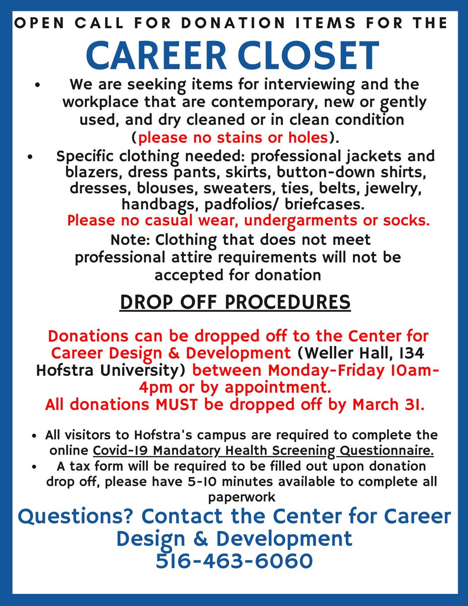 HofstraCommuter's tweet photo. Career closet call for donations! https://t.co/12EwG6C6Uu