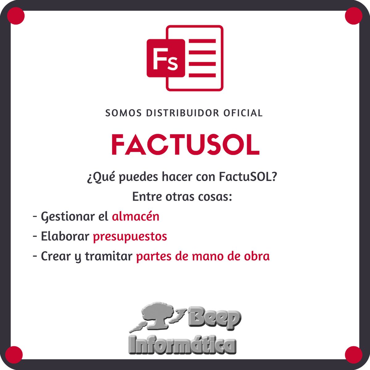 Beepinfo's tweet photo. #BuenosDias, no hay nada mejor para un #FelizMiercoles que empezar el dia con energía. ¿Sabias que #FactuSOL permite, entre otras, gestionar el almacen, presupuestos o partes de trabajo? Sea cual sea tu sector, podemos ayudarte #digitalizacion #emprender #Startup #empresa #pymes https://t.co/Ir9Ydh4AHX