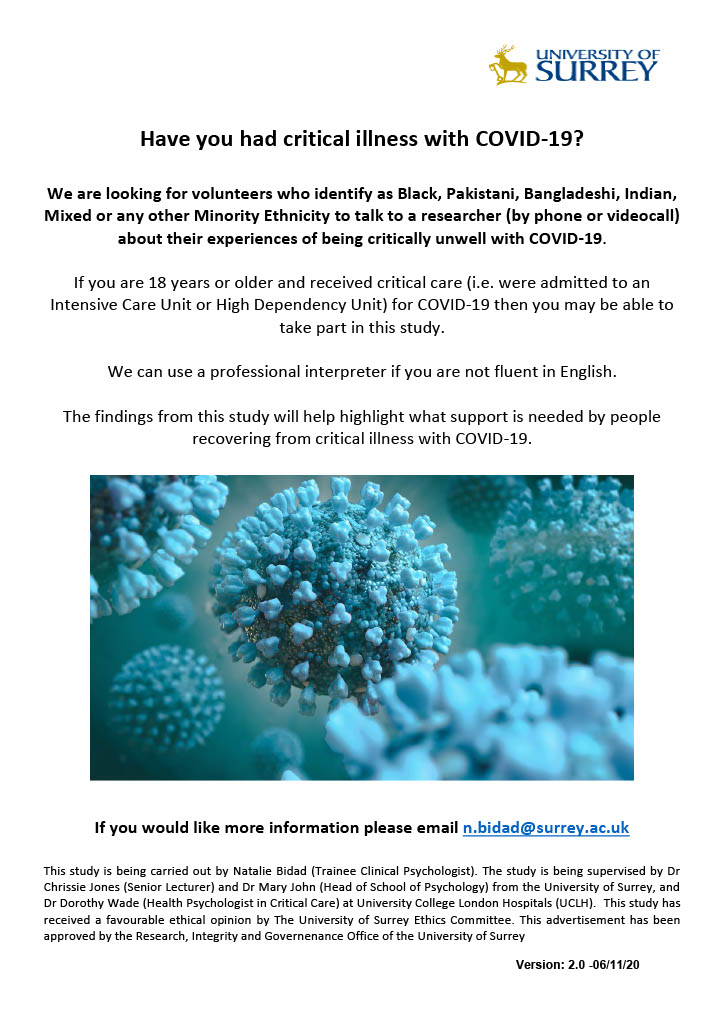 In the UK, ethnic minorities are disproportionately vulnerable to #Covid19 &amp; more likely to suffer critical illness &amp; admittance to ICU. <a href="/UniOfSurrey/">University of Surrey</a>’s Natalie Bidad is exploring how critical illness with Covid-19 has been experienced by #BAME people in the UK.