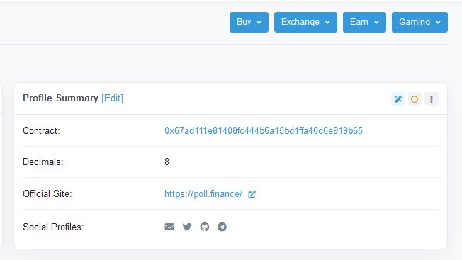 Poll finance's verified smart contract on etherscan :
etherscan.io/address/0x67ad…

Token tracker : 
etherscan.io/token/0x67ad11…

$DEFI $POLL