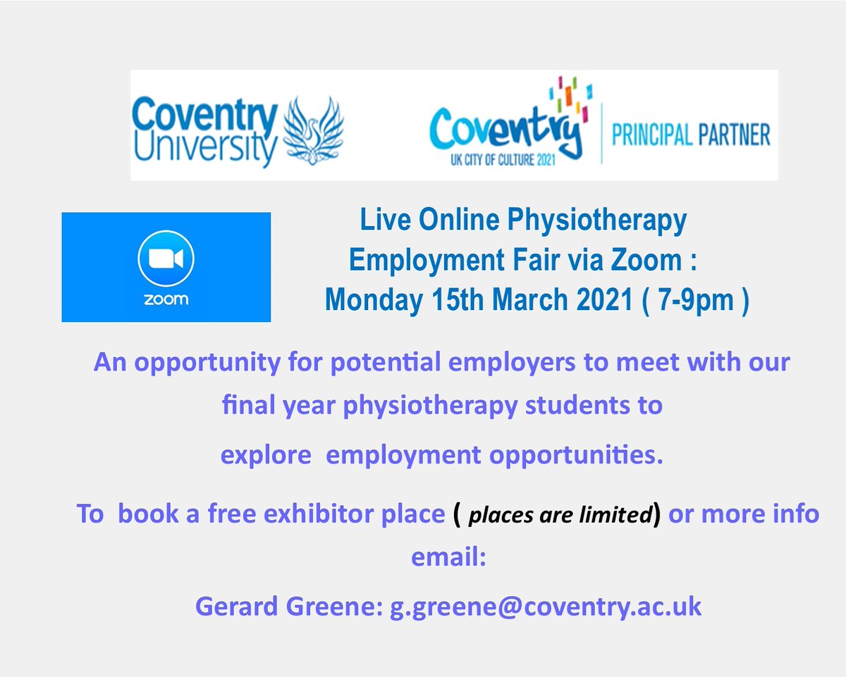 Gerard Greene Physiotherapist 👨💻 (@gerardgreenephy) on Twitter photo friends & graduates of Coventry University Physiotherapy :
please share our Online employment fayre poster.
come and meet our brilliant year 3 students online via zoom on
Monday 15th March 2021 ( 7-9pm)
many thanks
Gerard <a href="/CUPhysios/">Coventry Uni Physios</a> @CU_HLS <a href="/exerciseworks/">Exercise Works!</a> <a href="/WestMidlandsCSP/">West Midlands CSP</a> friends & graduates of Coventry University Physiotherapy :
please share our Online employment fayre poster.
come and meet our brilliant year 3 students online via zoom on
Monday 15th March 2021 ( 7-9pm)
many thanks
Gerard <a href="/CUPhysios/">Coventry Uni Physios</a> @CU_HLS <a href="/exerciseworks/">Exercise Works!</a> <a href="/WestMidlandsCSP/">West Midlands CSP</a>