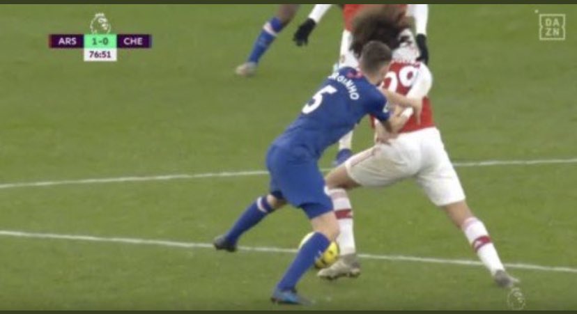 Gabriel on a yellow gets sent off for this but Jorginho does the exact same but he’s allowed to stay on the pitch