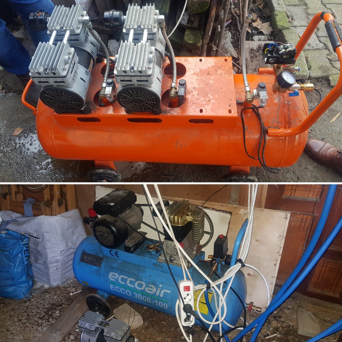 Kocaeli/Derince de müşterimizden almaya geldiğimiz normalde 0,75 Kw 1*3 Hp kompresörün atölyemizde 3 adet 1,1 Kw 1,5 Hp*3 sessiz kompresör motorlarıyla değişimi yapılarak alt fotoğrafta görünen kompresör ile birleştirilme işlemi yapılacaktır. İşleme başlamak için atölyemize aldık