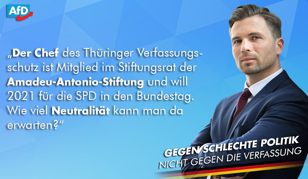 Jan_Nolte_AfD's tweet photo. Der Chef des Thüringer #Verfassungsschutzes, Stephan Kramer, müsste eigentlich wegen Befangenheit abgelöst werden. Wer im Beirat der Amadeu-Antonio-Stiftung sitzt, aus deren Umfeld heraus Autos von @AfD-Politikern in Brand gesetzt werden und die ... https://t.co/HF7edIYA21