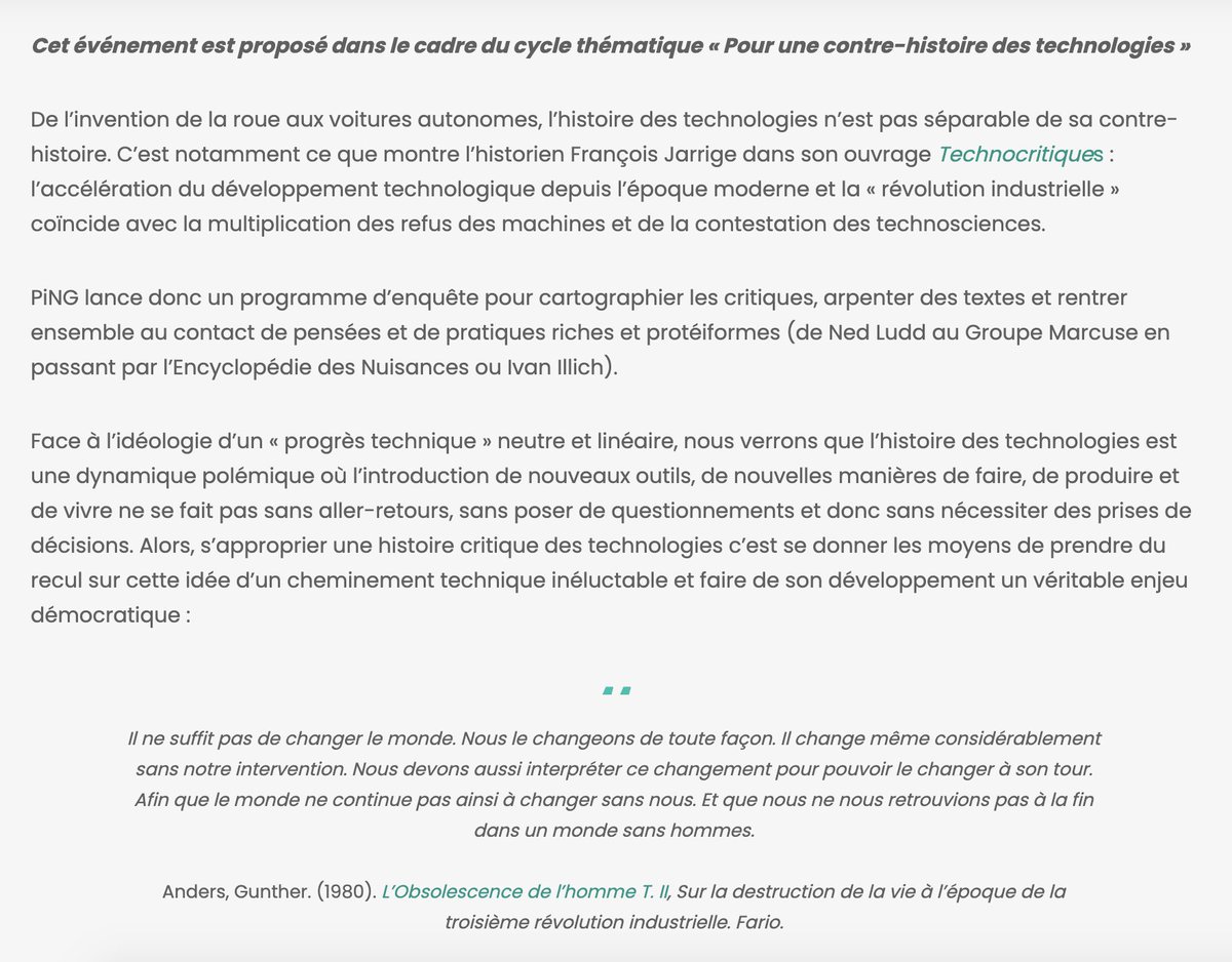 MaisOuVaLeWeb's tweet photo. "Pour une contre-histoire des technologies."

Super, @assoPiNG lance un programme d’enquête pour cartographier les technocritiques !
Belle idée (via @Toutetlereste), et qui intéressera entre autres @hubertguillaud et @klerichar 

https://t.co/SmfnvbZRUf https://t.co/McSOLGpQxE