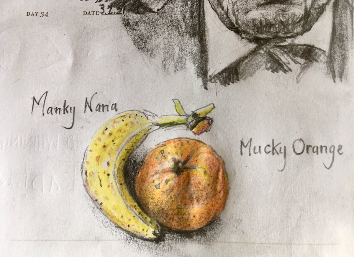 Venster67's tweet image. One Sketch A Day 3.2.21
‘Manky Nana, Mucky Orange’
#stilllife #fruitstudy #banana #orange #mankynana #muckyorange #onesketchaday #visualdiary #art #illustration #crayons