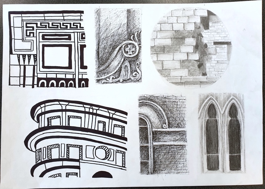 CasesNicola's tweet photo. More architectural explorations from Year 9 - exploring tonal media and different drawing techniques while selecting and recording from sources. #dcsgart #draw #artgcse https://t.co/s6AbORXDbG