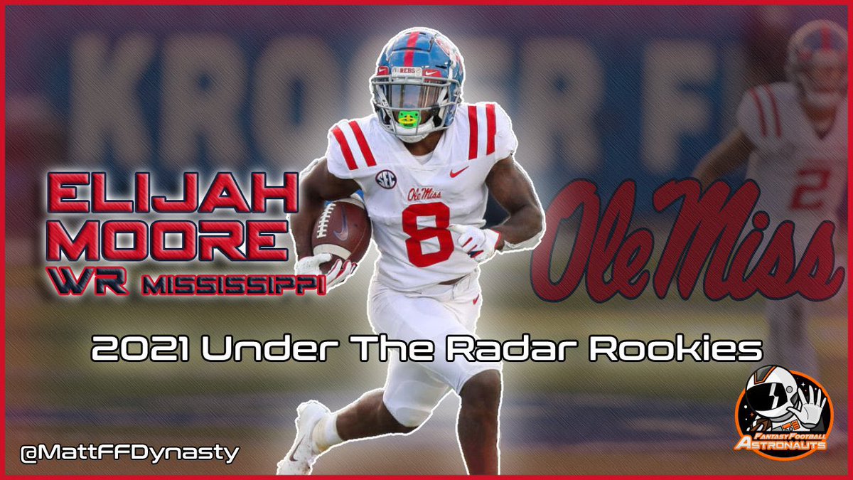 • 2021 Under The Radar Rookies •Elijah Moore - WR (Mississippi)Height: 5’9”Weight: 181lbsAge: 20Career stats (Rec/Rush)2018: 11 - 36/398/2 - 3/8/02019: 12 - 67/850/6 - 4/-1/02020: 8 - 86/1193/8 - 14/64/0Total:31 games - 189/2441/16 - 21/71/0(1/8)