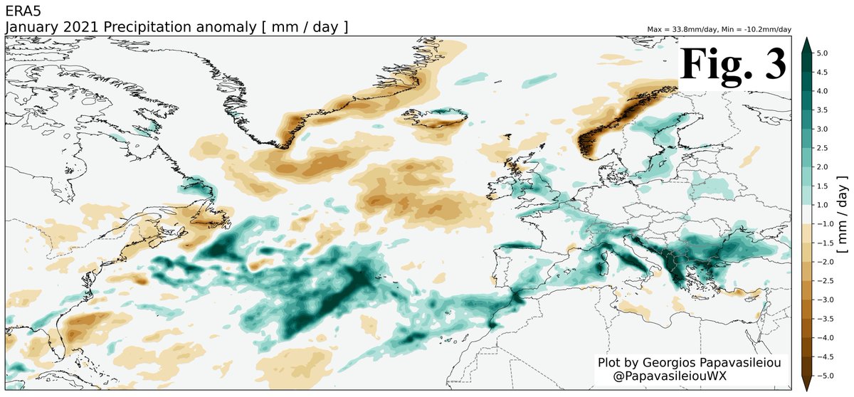3/5 that was steering multiple extratropical cyclones from the Atlantic and  #Mediterranean almost along the same storm track. This persistent storm track resulted in large positive anomalies of precipitation across western Italy and Balkan states (Fig. 3).