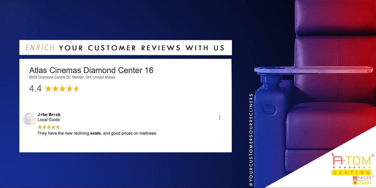 AtomSeating's tweet photo. A simple seating upgrade can enhance your customer reviews to a greater extent.  #YourCustomersOurRecliners #InclineToRecline 

#AtomSeating #Recliners #ReclinerReviews #MovieReviews #VIPRecliners #MovieTheatreRecliners #CinemaSeating #CinemaSolutions https://t.co/AKEZuj7MNz