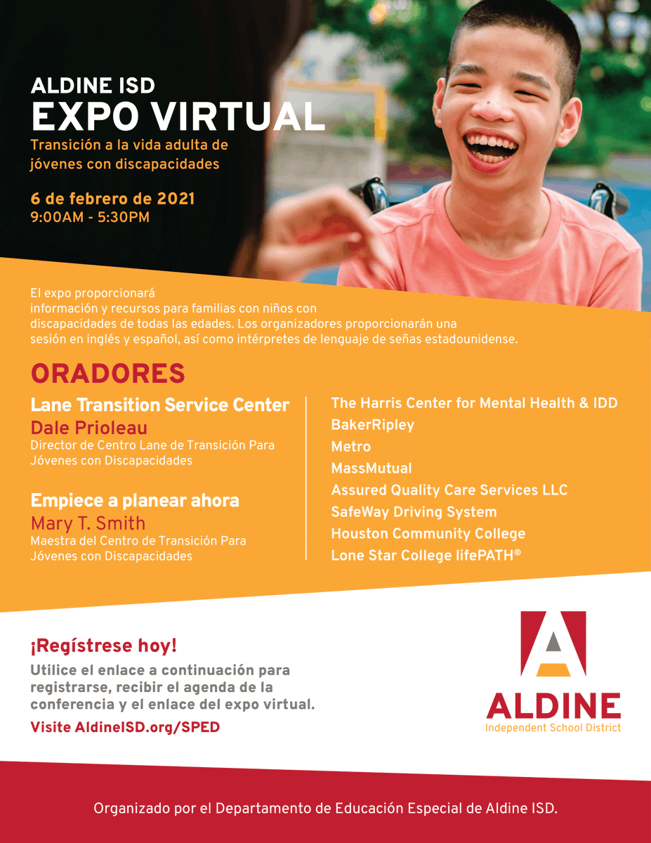AldineISD's tweet photo. Aldine ISD Virtual Transition Expo for students with disabilities is set for this Saturday, February 6! The Expo is designed for families of children of all ages with diverse needs and those unsure of their plans after high school. Register Today! https://t.co/Xwhq1SFCFz https://t.co/eQVZQUdgU5