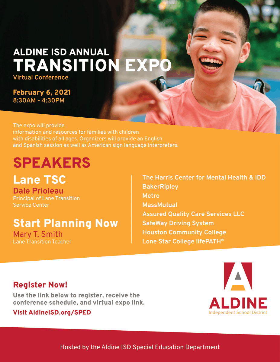 AldineISD's tweet photo. Aldine ISD Virtual Transition Expo for students with disabilities is set for this Saturday, February 6! The Expo is designed for families of children of all ages with diverse needs and those unsure of their plans after high school. Register Today! https://t.co/Xwhq1SFCFz https://t.co/eQVZQUdgU5