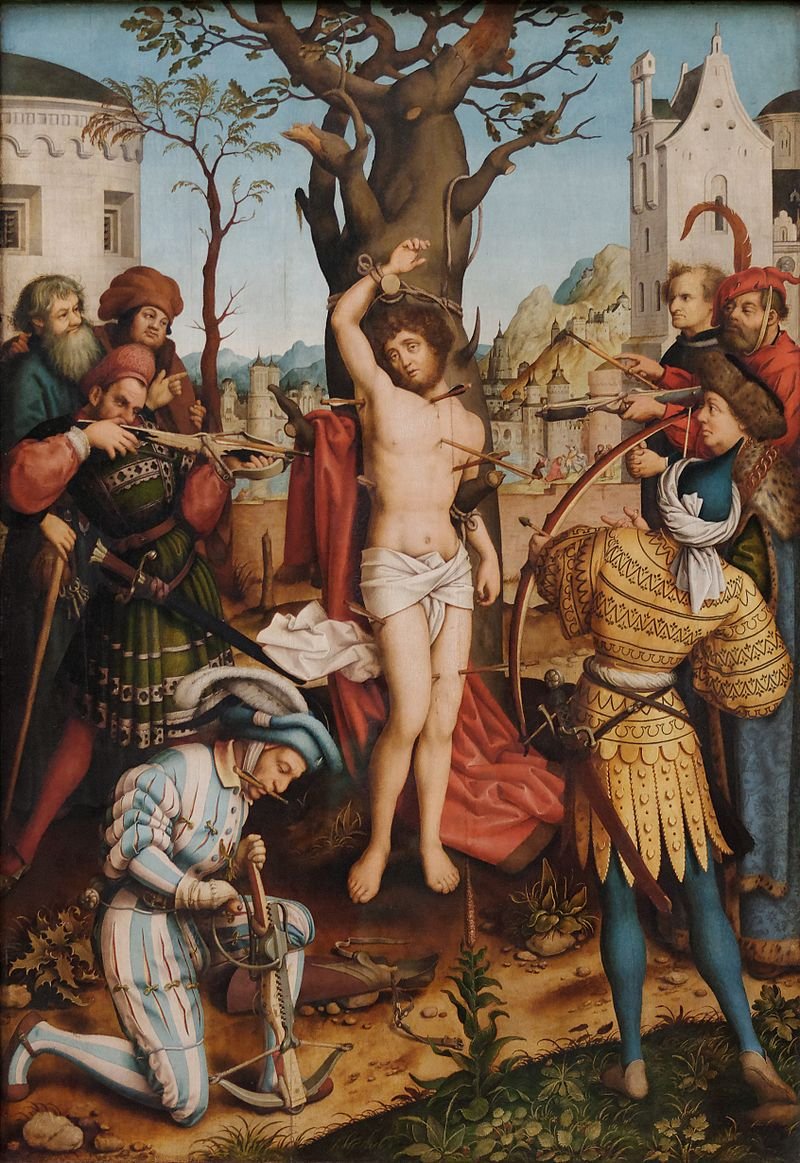 Cette propension à représenter des scènes historiques avec des costumes contemporains, on la trouvait déjà dans la peinture, ce tableau de Hans Holbein l'Ancien nous donne à voir le martyr de Saint-Sébastien: